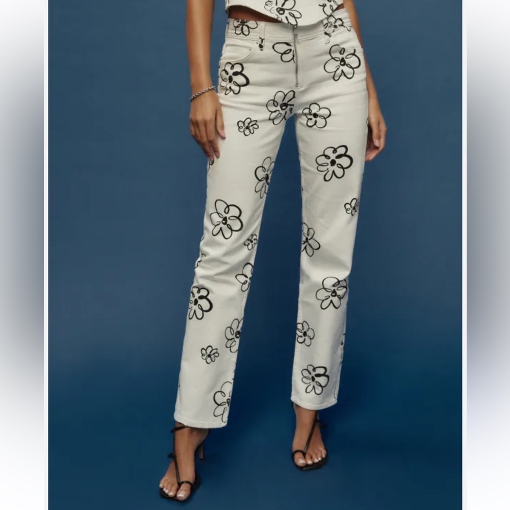 Reformation White Straight-Leg Jeans with Black Floral Graphics